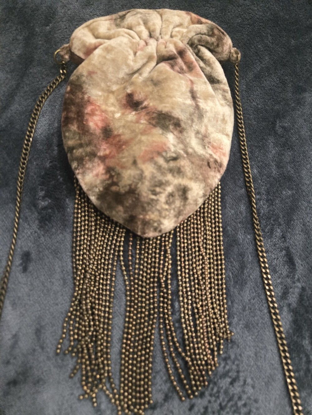 Velvet Drawstring Beaded Fringe Crossbody With Long Chain Strap